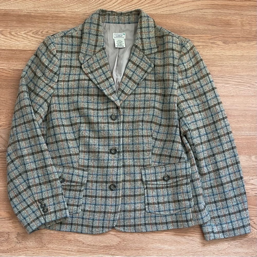 L.L. Bean Women's Tan and Blue Plaid Wool Blazer